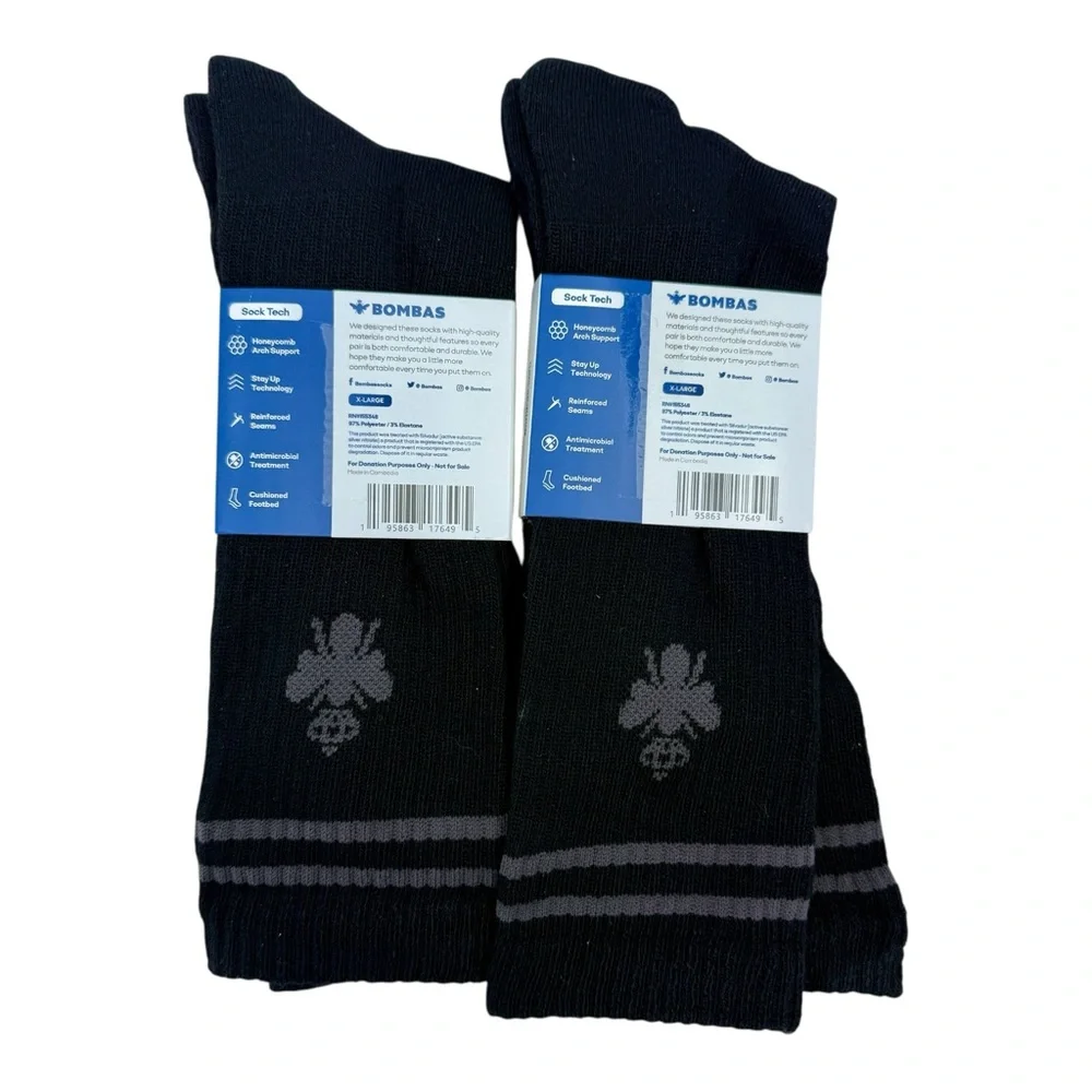 Bombas Mens‎ Crew Socks 2 Pair Black Grey Stripe Honeycomb Arch Support Size XL